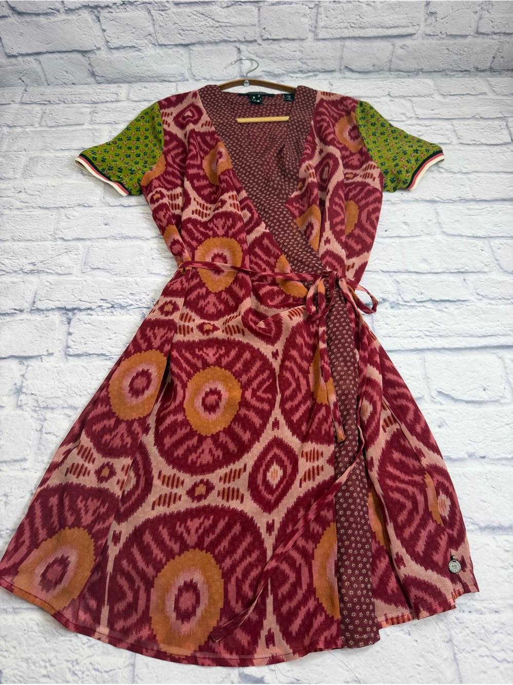 Scotch & Soda Burgundy, Green & Mustard Mixed-Print Wrap Dress. Size 2. Boho.